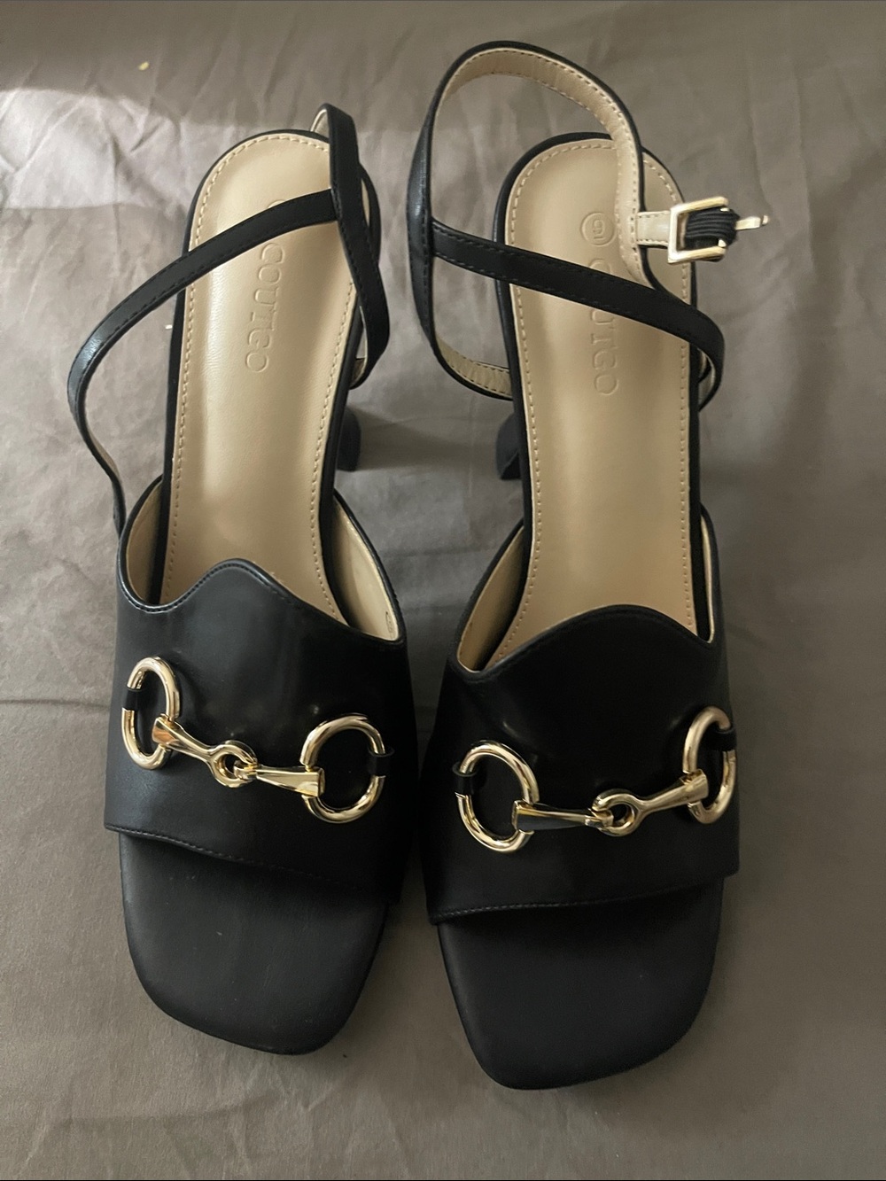 Black Women's Slingback Heeled Sandals with Gold Hardware